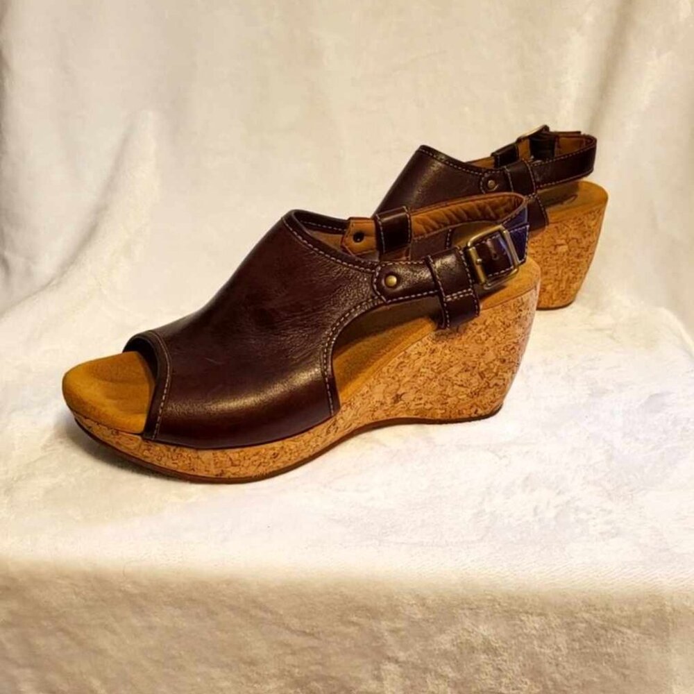 Clarks Wedge Genuine Leather Sling Back Sandals, Cork Wedge, Women's Size 10